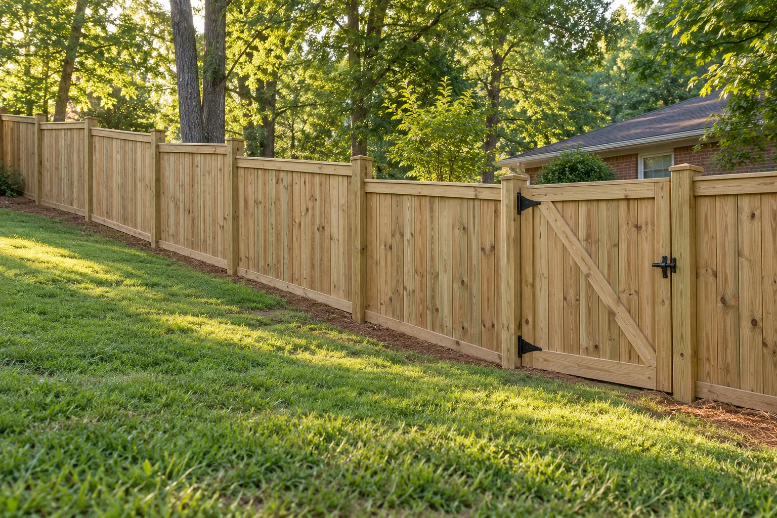 Illustrative stepped wood privacy fence and gate beside a lawn